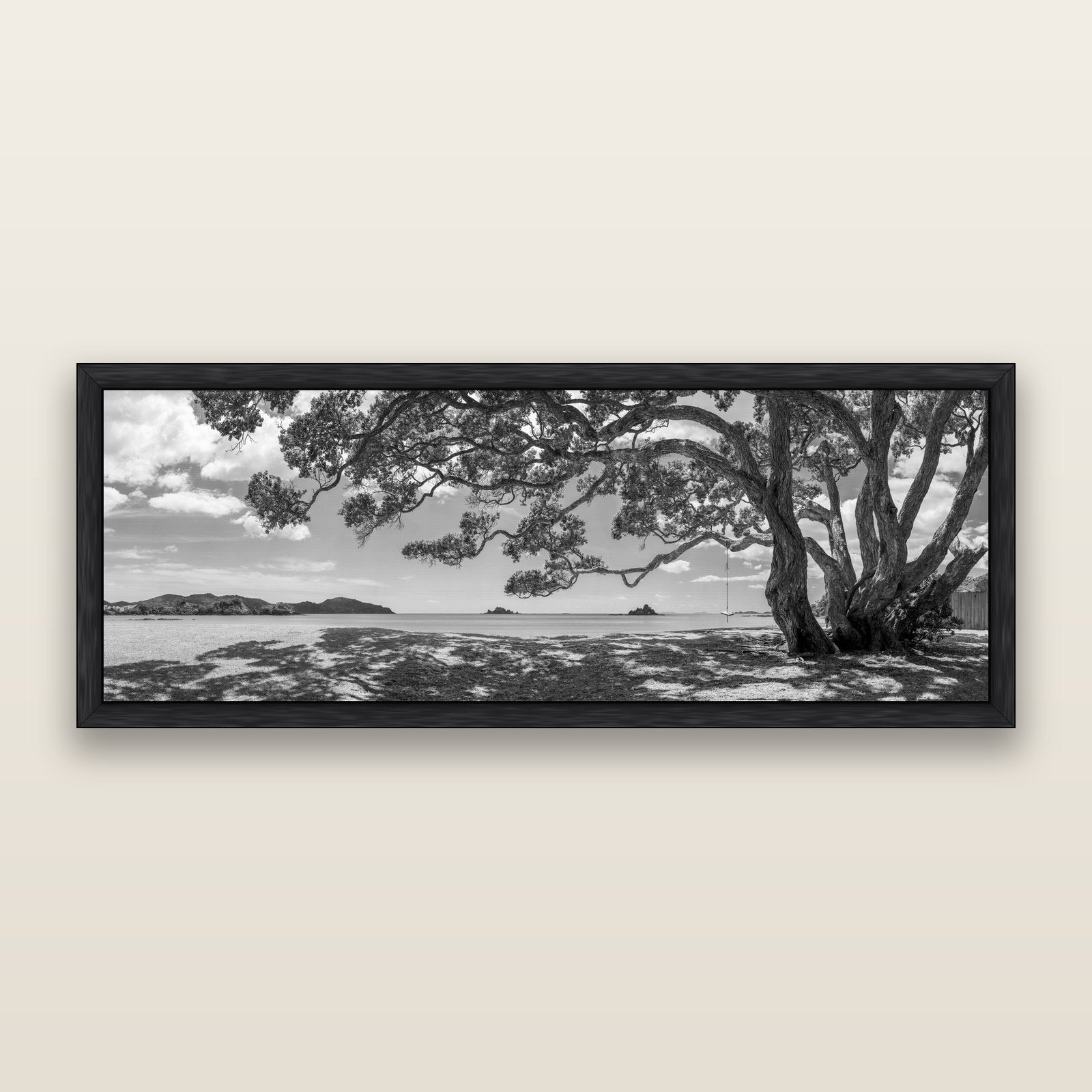 Harbour of Summer Light, Pōhutukawa Bloom, Bay of Islands, black and white framed metallic canvas print, Black frame. New Zealand fine art wall art by Stephen Milner.