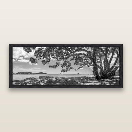 Harbour of Summer Light, Pōhutukawa Bloom, Bay of Islands, black and white framed metallic canvas print, Black frame. New Zealand fine art wall art by Stephen Milner.