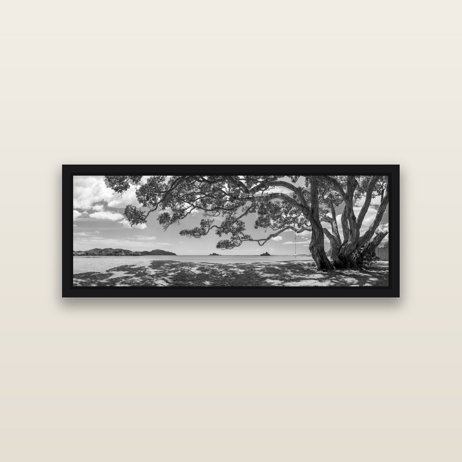 Harbour of Summer Light, Pōhutukawa Bloom, Bay of Islands — Black framed metallic canvas print, small 86 × 30 cm. New Zealand fine art landscape wall art by Stephen Milner.