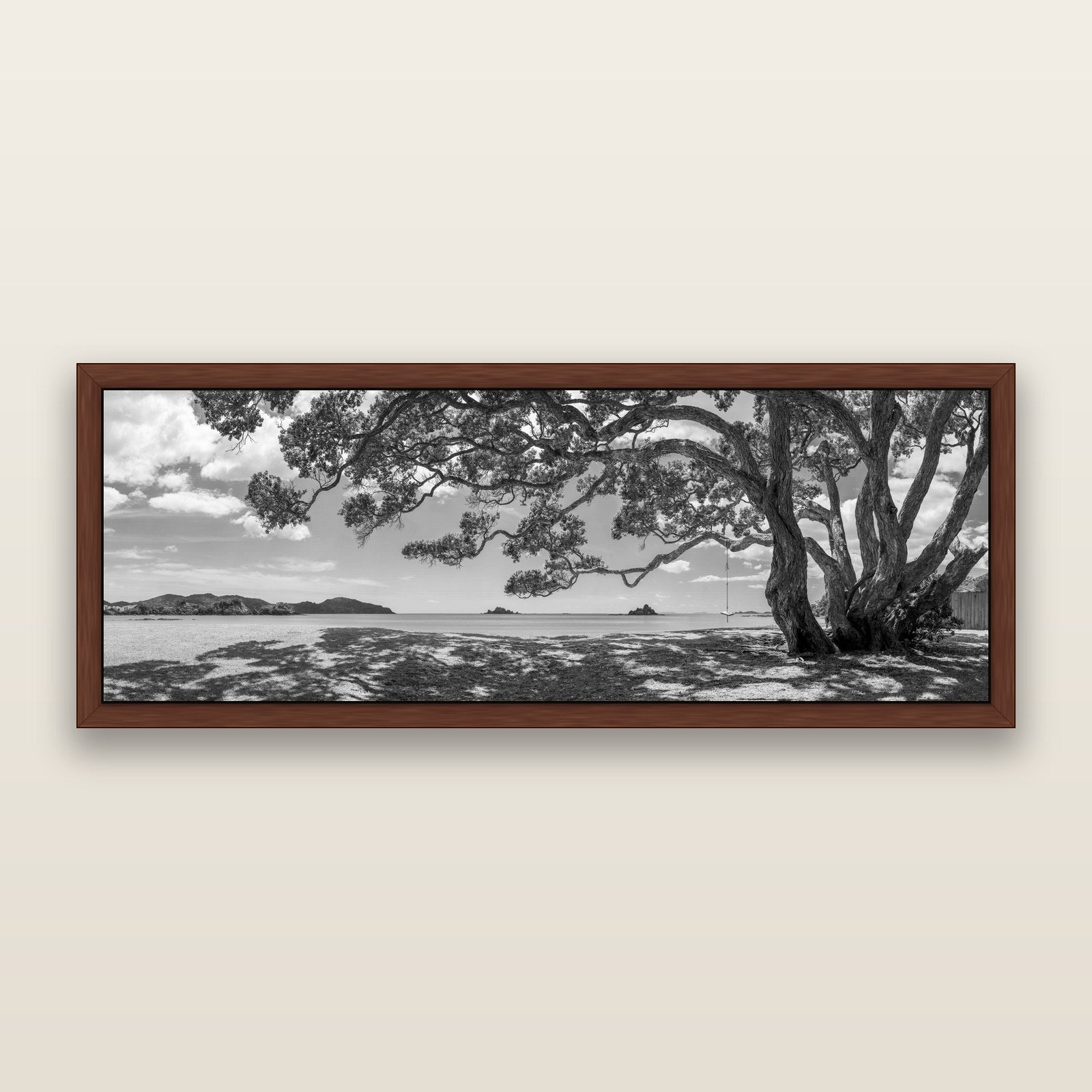 Harbour of Summer Light, Pōhutukawa Bloom, Bay of Islands, black and white framed metallic canvas print, Brown frame. New Zealand fine art wall art by Stephen Milner.