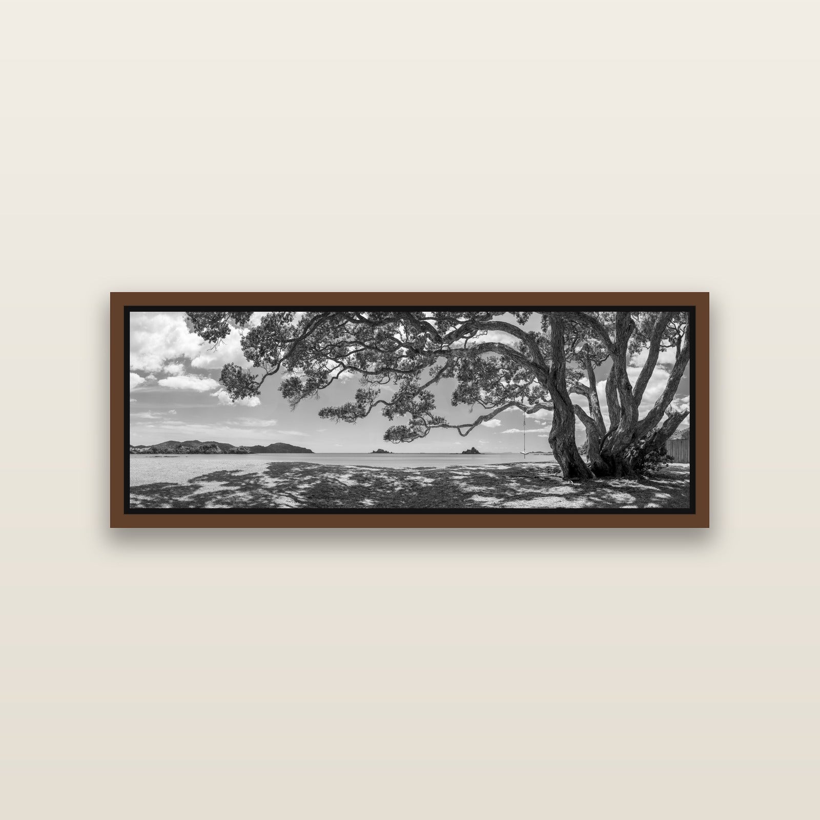 Harbour of Summer Light, Pōhutukawa Bloom, Bay of Islands — Brown framed metallic canvas print, small 86 × 30 cm. New Zealand fine art landscape wall art by Stephen Milner.