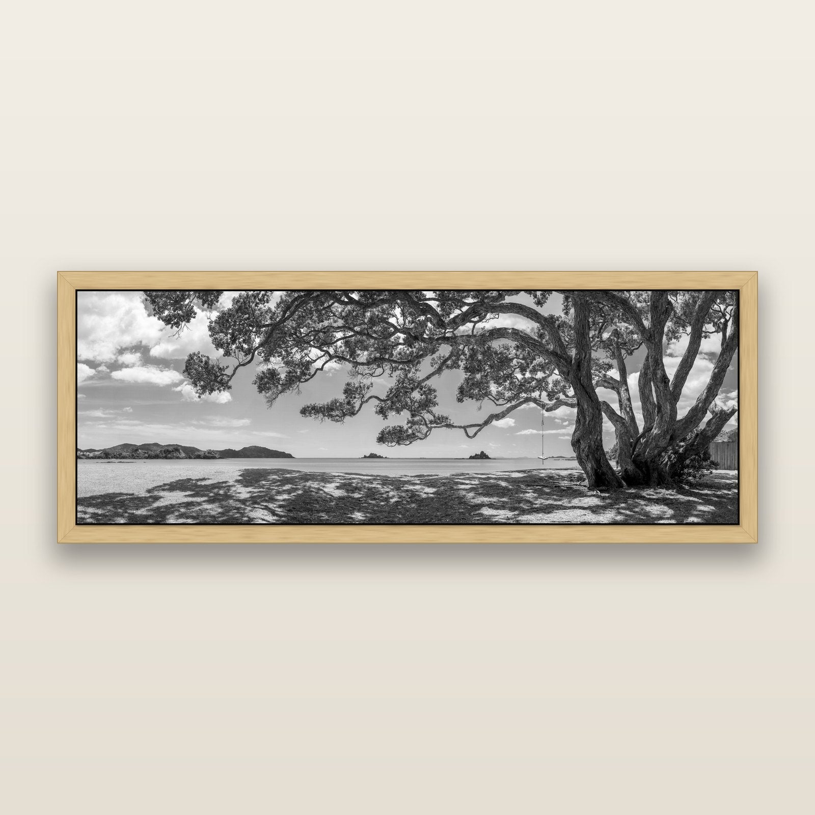 Harbour of Summer Light, Pōhutukawa Bloom, Bay of Islands, black and white framed metallic canvas print, Natural frame. New Zealand fine art wall art by Stephen Milner.