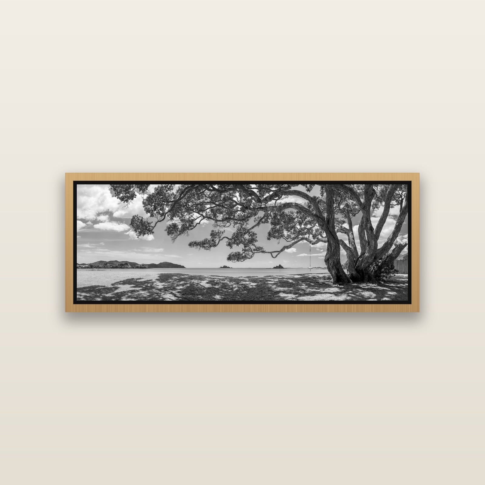 Harbour of Summer Light, Pōhutukawa Bloom, Bay of Islands — Natural framed metallic canvas print, small 86 × 30 cm. New Zealand fine art landscape wall art by Stephen Milner.