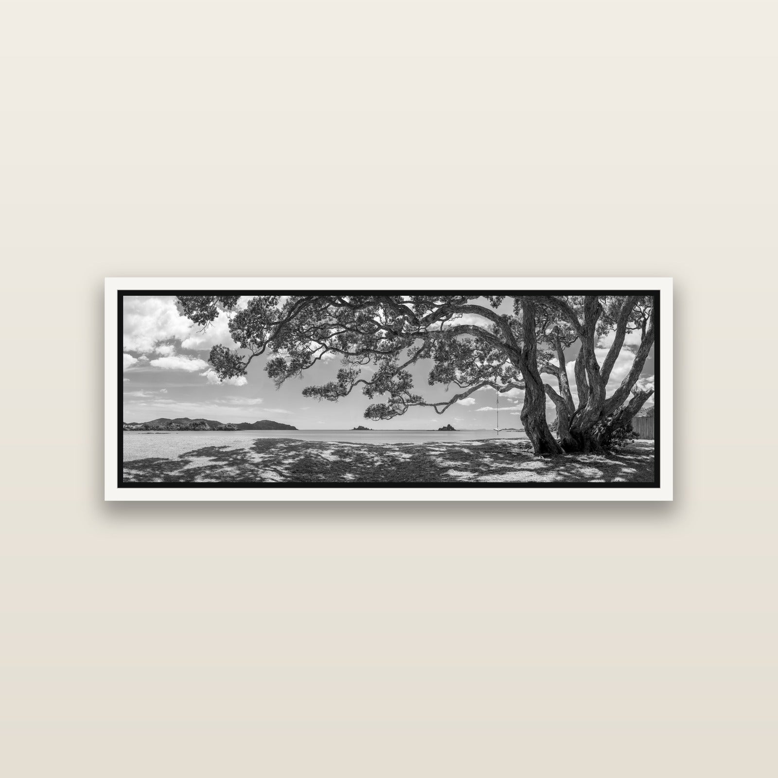 Harbour of Summer Light, Pōhutukawa Bloom, Bay of Islands — White framed metallic canvas print, small 86 × 30 cm. New Zealand fine art landscape wall art by Stephen Milner.