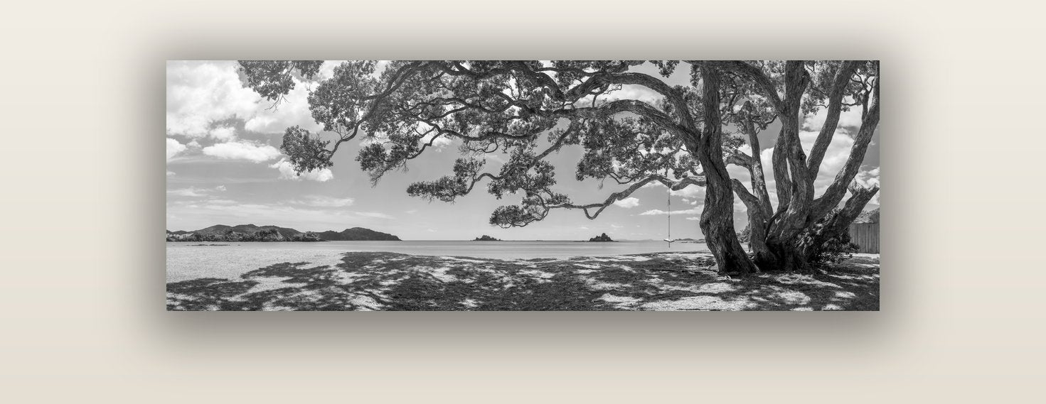 Harbour of Summer Light, Pōhutukawa Bloom, Bay of Islands — acrylic glass print, 122 × 41 cm. New Zealand fine art landscape wall art by Stephen Milner.