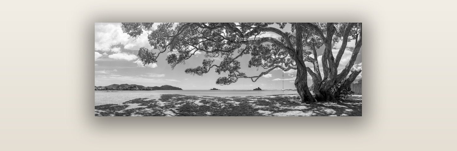 Harbour of Summer Light, Pōhutukawa Bloom, Bay of Islands — acrylic glass print, 91 × 30 cm. New Zealand fine art landscape wall art by Stephen Milner.