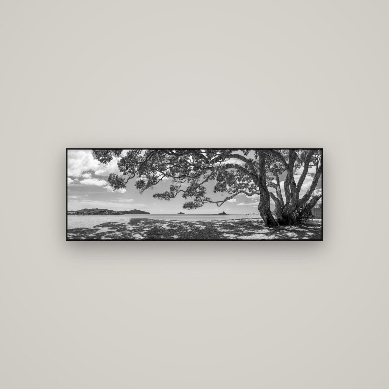 Harbour of Summer Light, Pōhutukawa Bloom, Bay of Islands — ArtBox Black, 113×40 cm. New Zealand fine art wall art by Stephen Milner.