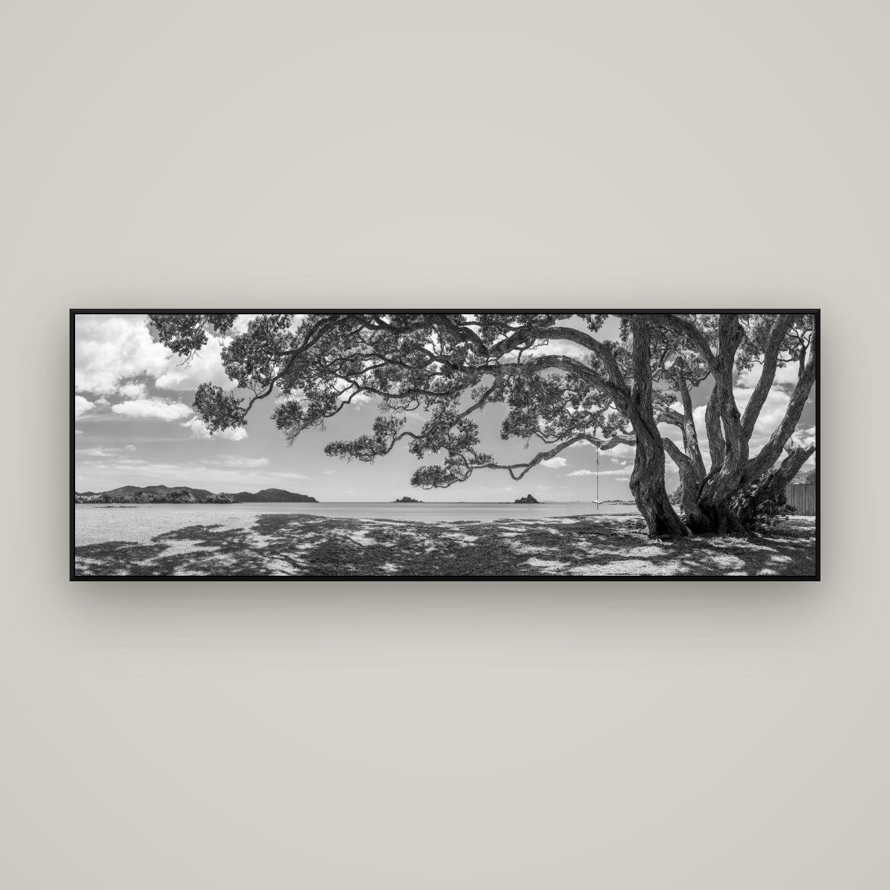 Harbour of Summer Light, Pōhutukawa Bloom, Bay of Islands — ArtBox Black, 170×60 cm. New Zealand fine art wall art by Stephen Milner.