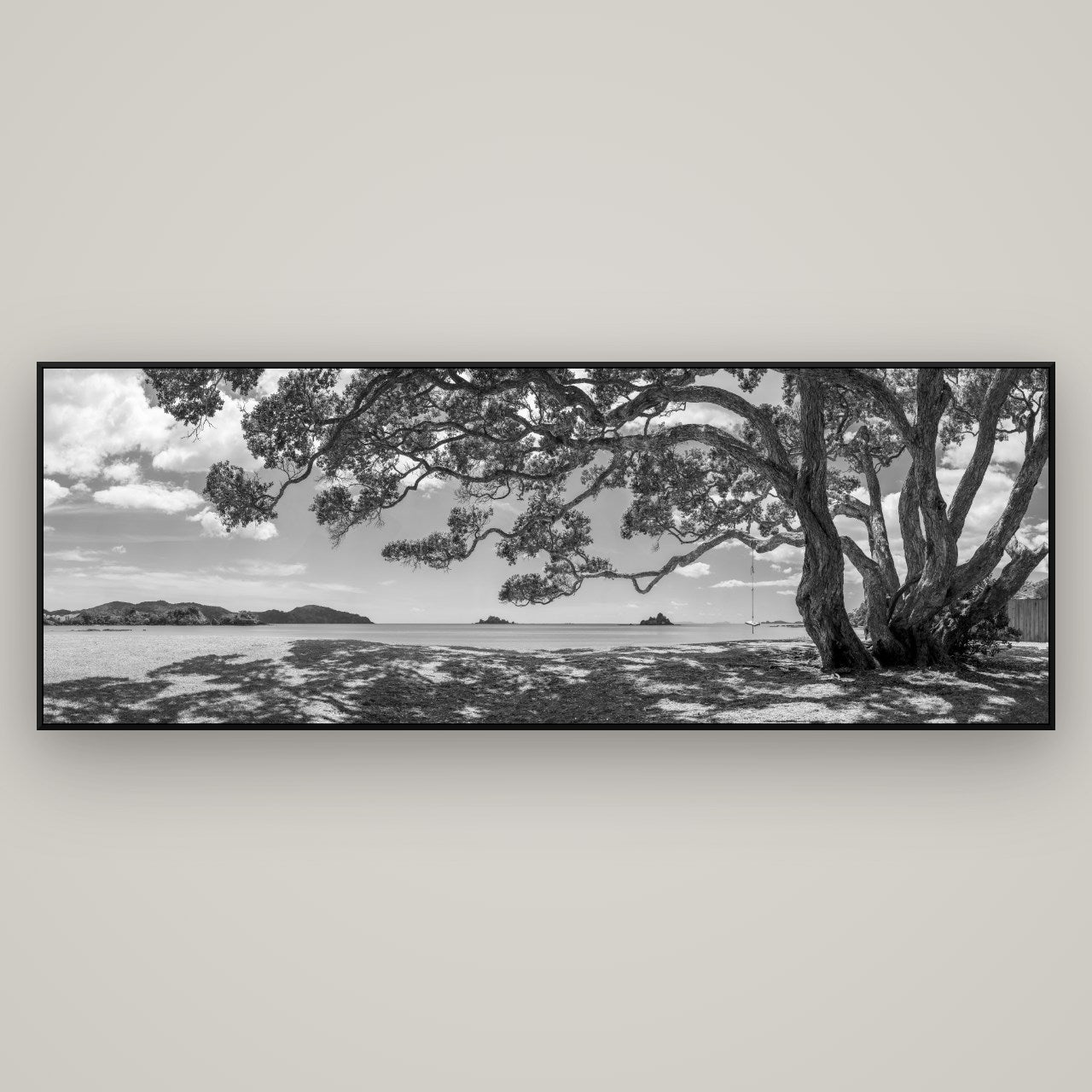 Harbour of Summer Light, Pōhutukawa Bloom, Bay of Islands — ArtBox Black, 198×70 cm. New Zealand fine art wall art by Stephen Milner.