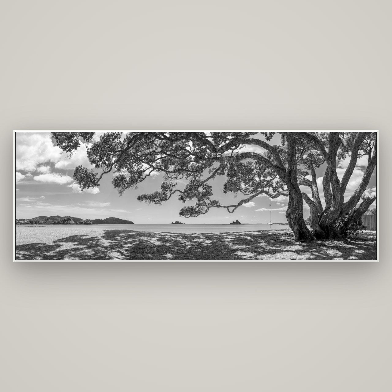 Harbour of Summer Light, Pōhutukawa Bloom, Bay of Islands — ArtBox White, 198×70 cm. New Zealand fine art wall art by Stephen Milner.