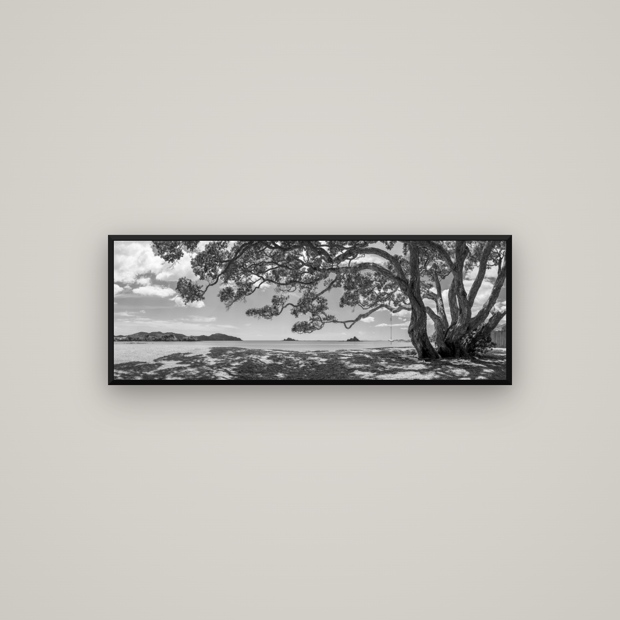 Harbour of Summer Light, Pōhutukawa Bloom, Bay of Islands — Basel Black Matte, 113×40 cm. New Zealand fine art wall art by Stephen Milner.