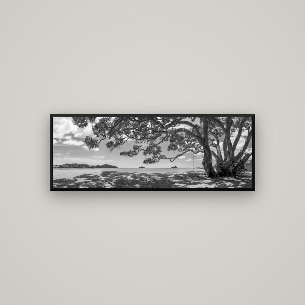 Harbour of Summer Light, Pōhutukawa Bloom, Bay of Islands — Basel Black Matte, 113×40 cm. New Zealand fine art wall art by Stephen Milner.