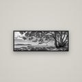 Harbour of Summer Light, Pōhutukawa Bloom, Bay of Islands — Basel Black, 113×40 cm. New Zealand fine art wall art by Stephen Milner.