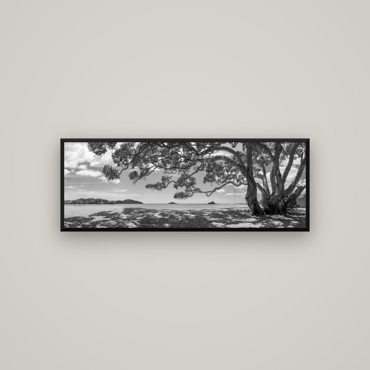 Harbour of Summer Light, Pōhutukawa Bloom, Bay of Islands — Basel Black, 113×40 cm. New Zealand fine art wall art by Stephen Milner.
