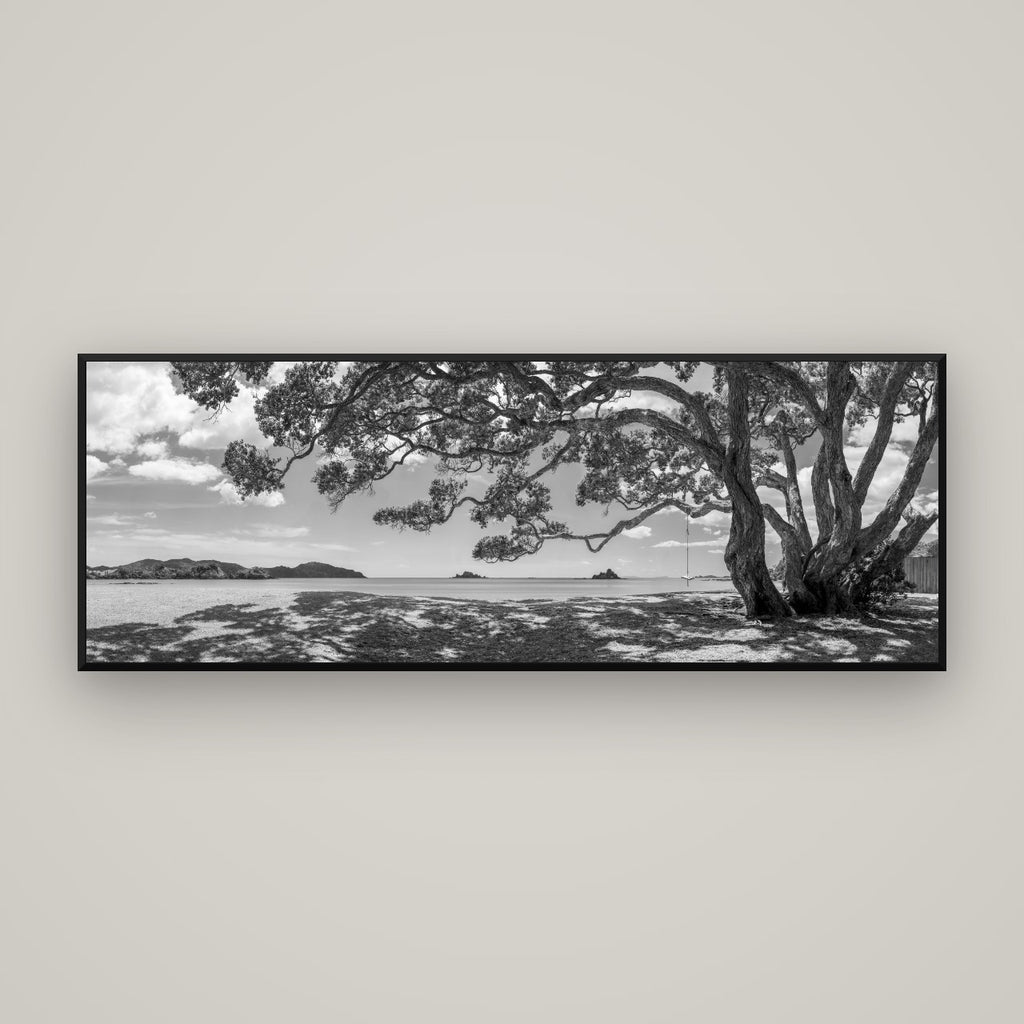 Harbour of Summer Light, Pōhutukawa Bloom, Bay of Islands — Basel Black Matte, 170×60 cm. New Zealand fine art wall art by Stephen Milner.