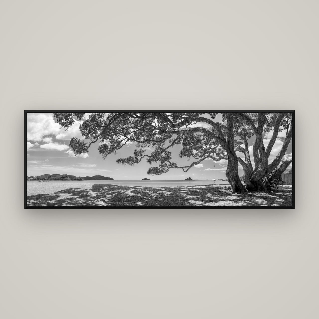 Harbour of Summer Light, Pōhutukawa Bloom, Bay of Islands — Basel Black, 170×60 cm. New Zealand fine art wall art by Stephen Milner.