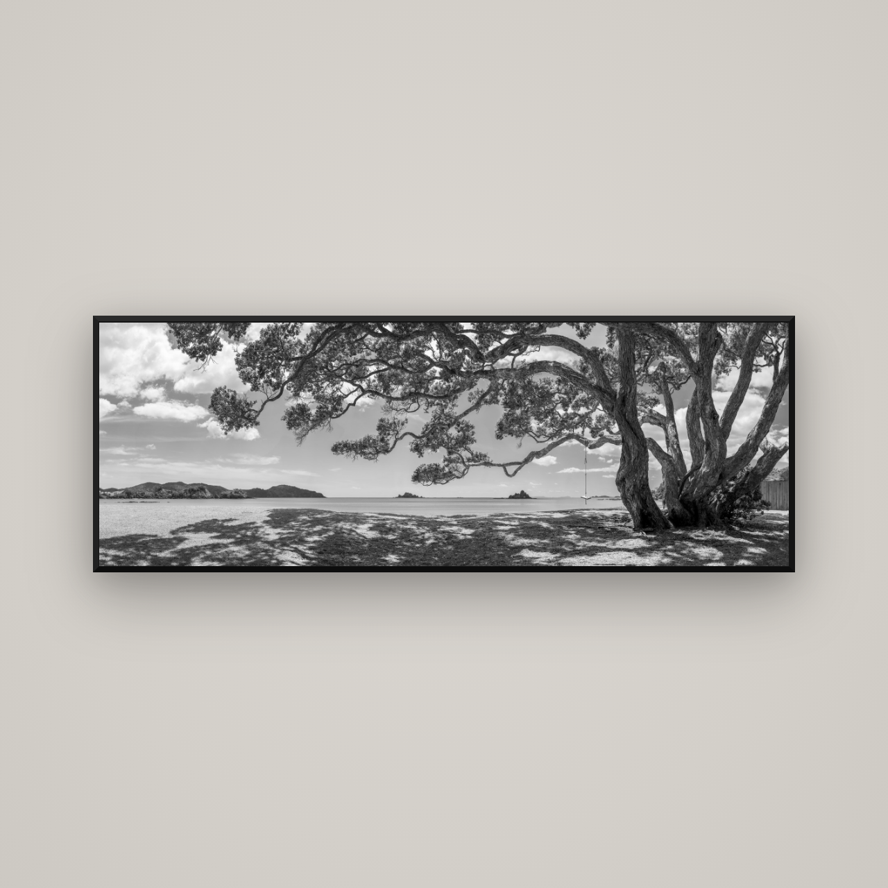 Harbour of Summer Light, Pōhutukawa Bloom, Bay of Islands — Basel Black Matte, 170×60 cm. New Zealand fine art wall art by Stephen Milner.