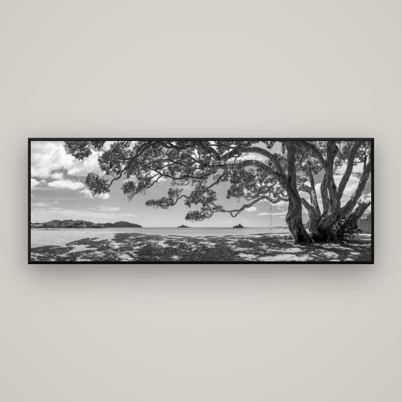 Harbour of Summer Light, Pōhutukawa Bloom, Bay of Islands — Basel Black Matte, 198×70 cm. New Zealand fine art wall art by Stephen Milner.