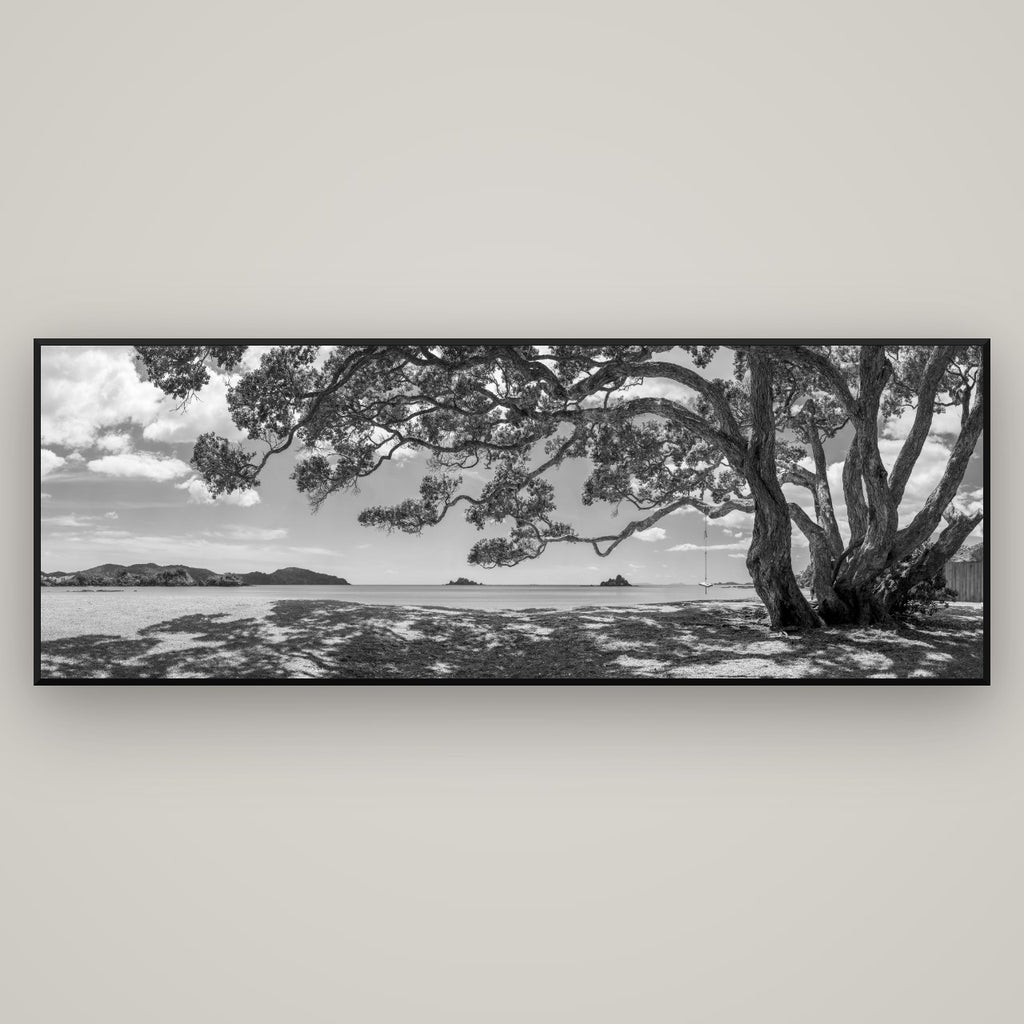 Harbour of Summer Light, Pōhutukawa Bloom, Bay of Islands — Basel Black, 198×70 cm. New Zealand fine art wall art by Stephen Milner.