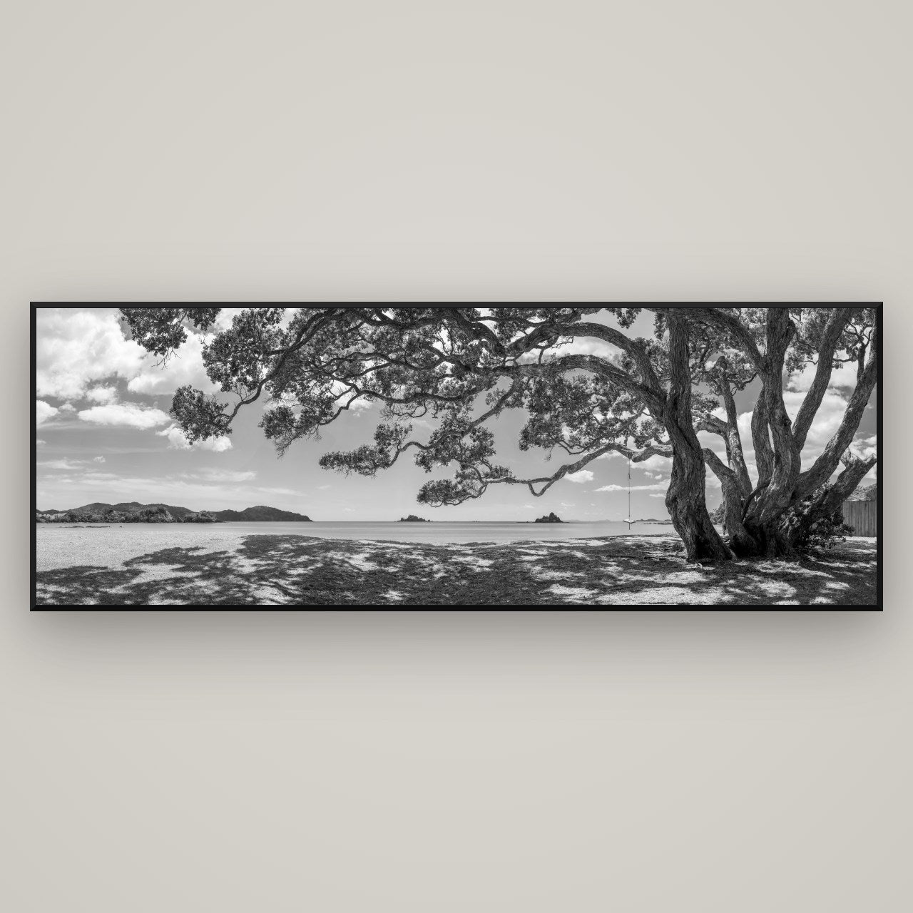 Harbour of Summer Light, Pōhutukawa Bloom, Bay of Islands — Basel Black, 198×70 cm. New Zealand fine art wall art by Stephen Milner.