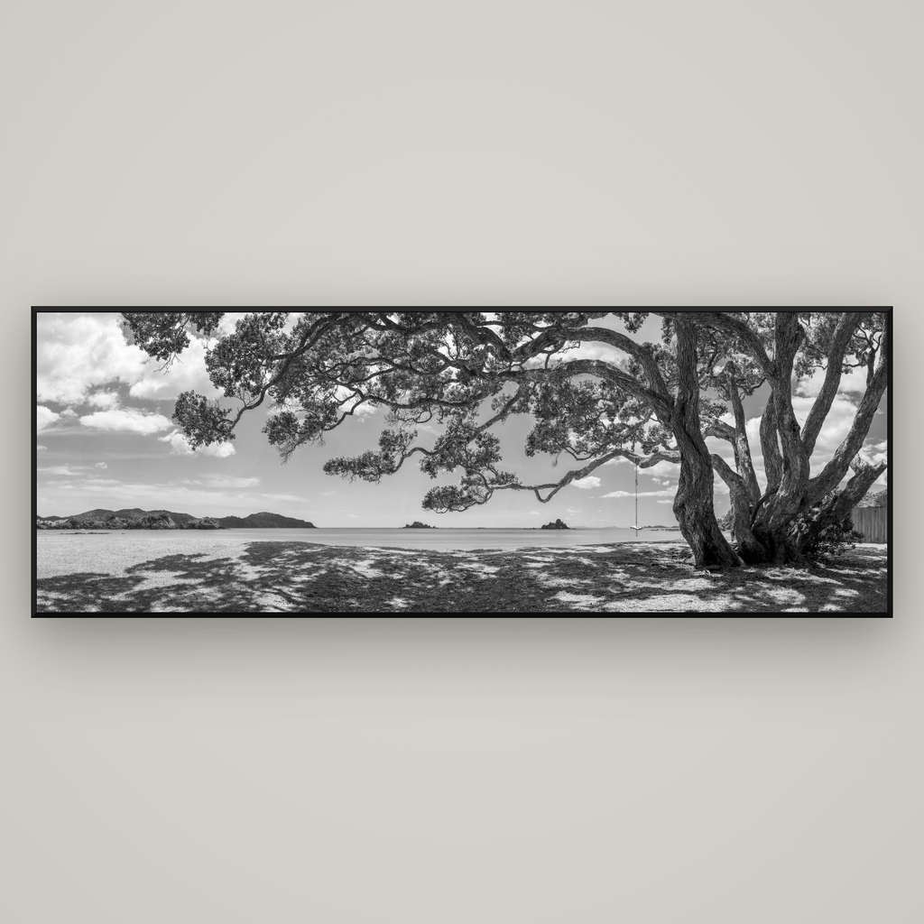 Harbour of Summer Light, Pōhutukawa Bloom, Bay of Islands — Basel Black Matte, 227×80 cm. New Zealand fine art wall art by Stephen Milner.