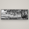 Harbour of Summer Light, Pōhutukawa Bloom, Bay of Islands — Basel Black Matte, 227×80 cm. New Zealand fine art wall art by Stephen Milner.