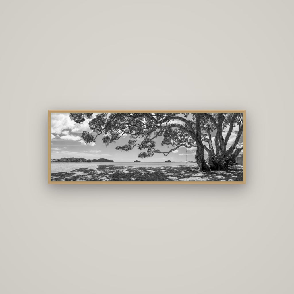 Harbour of Summer Light, Pōhutukawa Bloom, Bay of Islands, Basel Natural Oak, 113×40 cm. New Zealand fine art wall art by Stephen Milner.