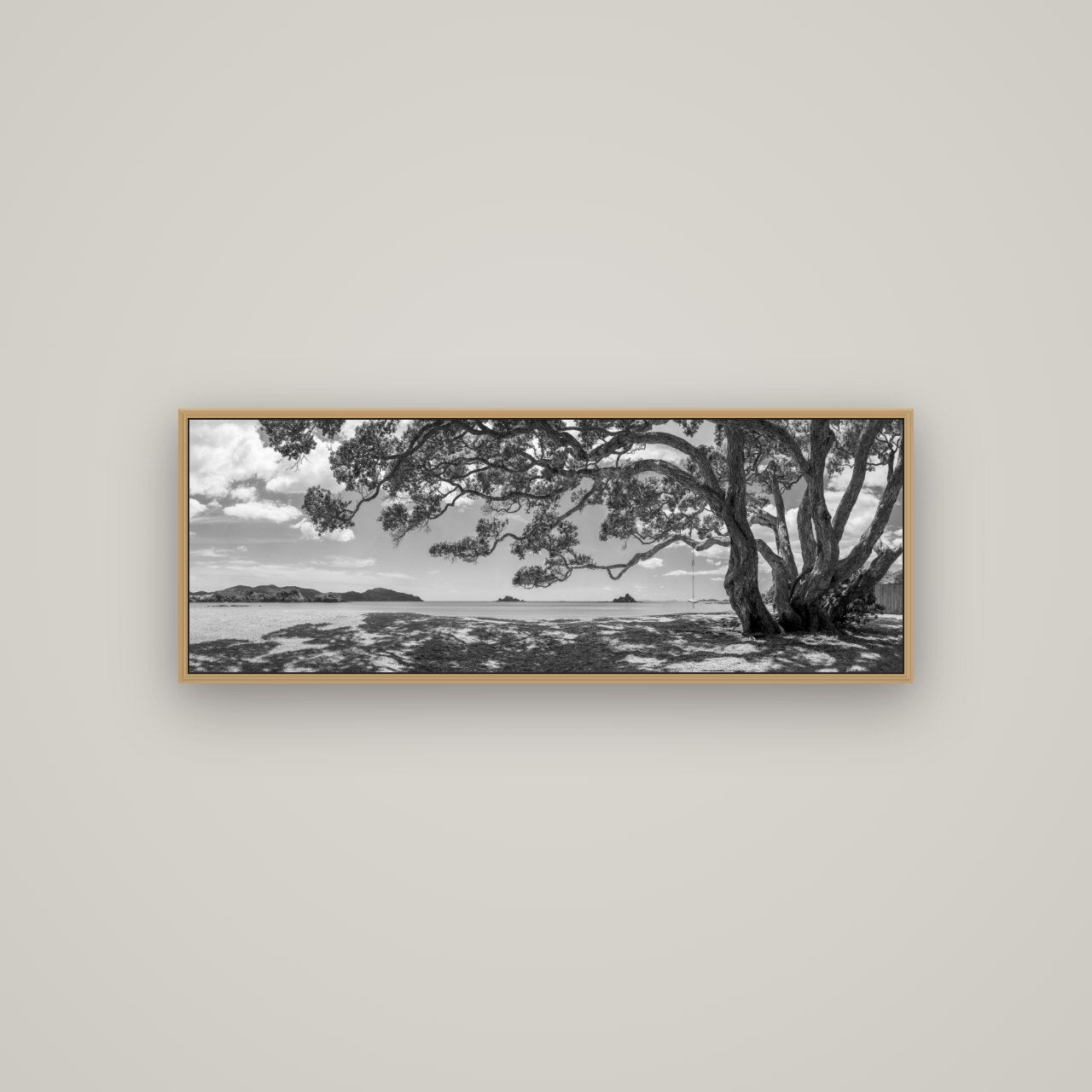Harbour of Summer Light, Pōhutukawa Bloom, Bay of Islands, Basel Natural Oak, 113×40 cm. New Zealand fine art wall art by Stephen Milner.