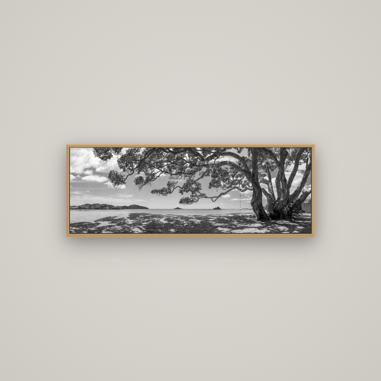 Harbour of Summer Light, Pōhutukawa Bloom, Bay of Islands, Basel Natural Oak, 113×40 cm. New Zealand fine art wall art by Stephen Milner.