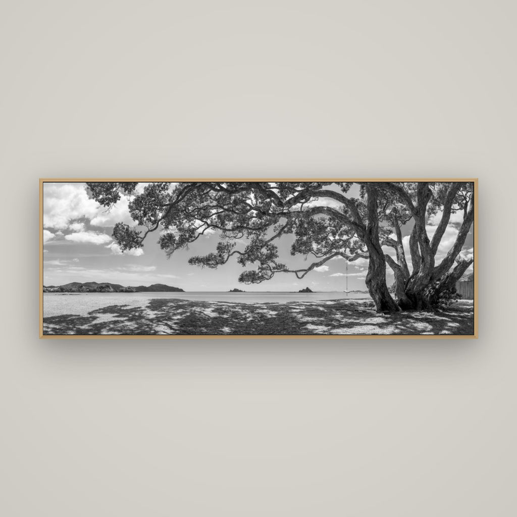 Harbour of Summer Light, Pōhutukawa Bloom, Bay of Islands, Basel Natural Oak, 170×60 cm. New Zealand fine art wall art by Stephen Milner.