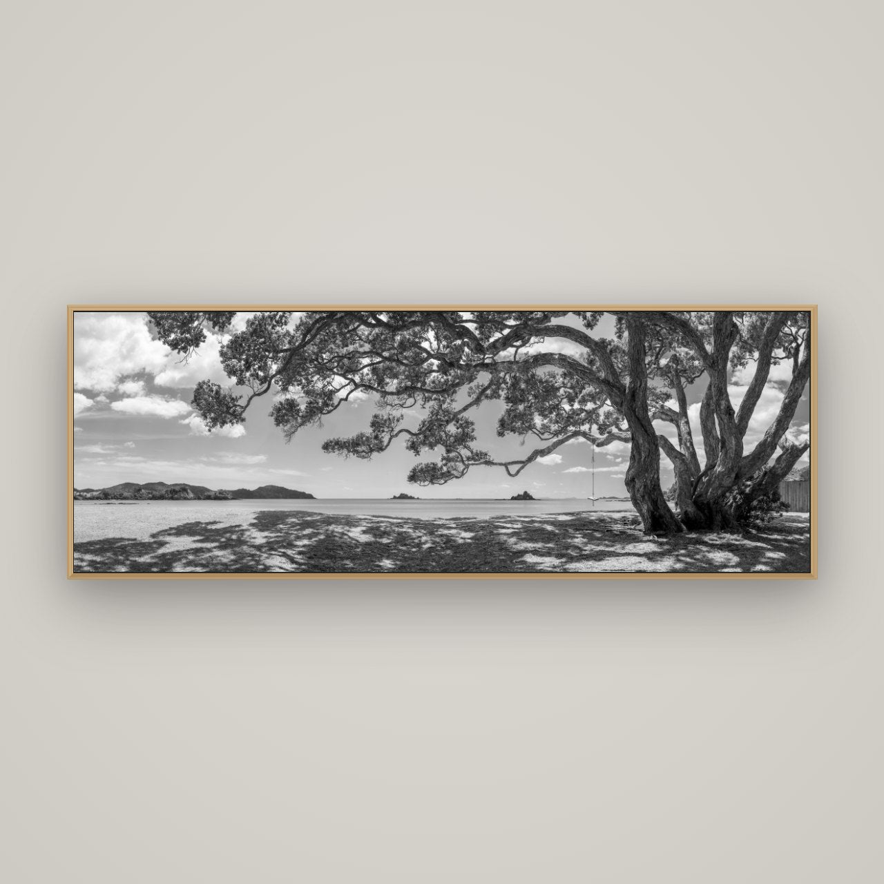 Harbour of Summer Light, Pōhutukawa Bloom, Bay of Islands, Basel Natural Oak, 170×60 cm. New Zealand fine art wall art by Stephen Milner.