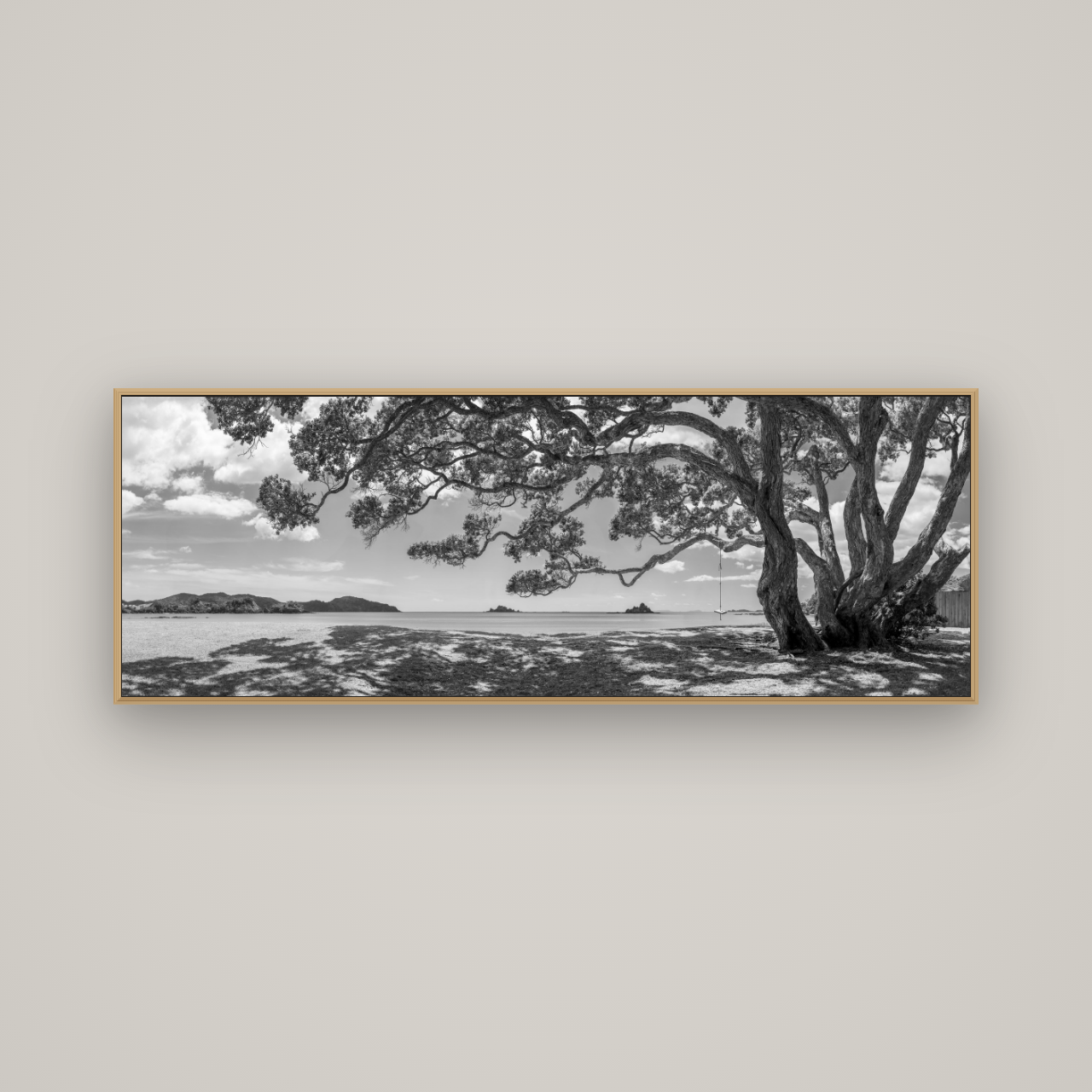 Harbour of Summer Light, Pōhutukawa Bloom, Bay of Islands, Basel Natural Oak, 170×60 cm. New Zealand fine art wall art by Stephen Milner.