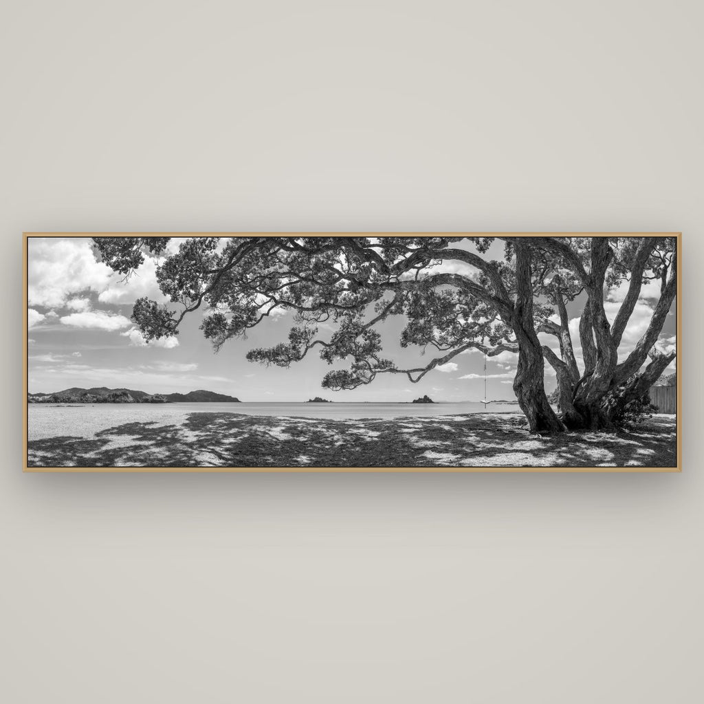 Harbour of Summer Light, Pōhutukawa Bloom, Bay of Islands, Basel Natural Oak, 198×70 cm. New Zealand fine art wall art by Stephen Milner.