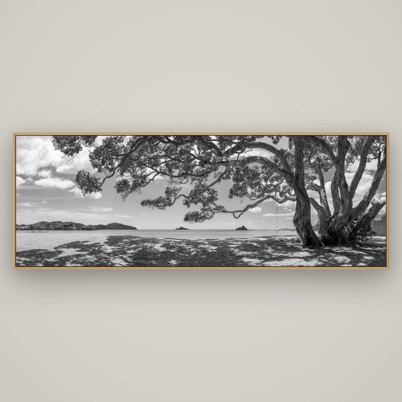 Harbour of Summer Light, Pōhutukawa Bloom, Bay of Islands, Basel Natural Oak, 198×70 cm. New Zealand fine art wall art by Stephen Milner.