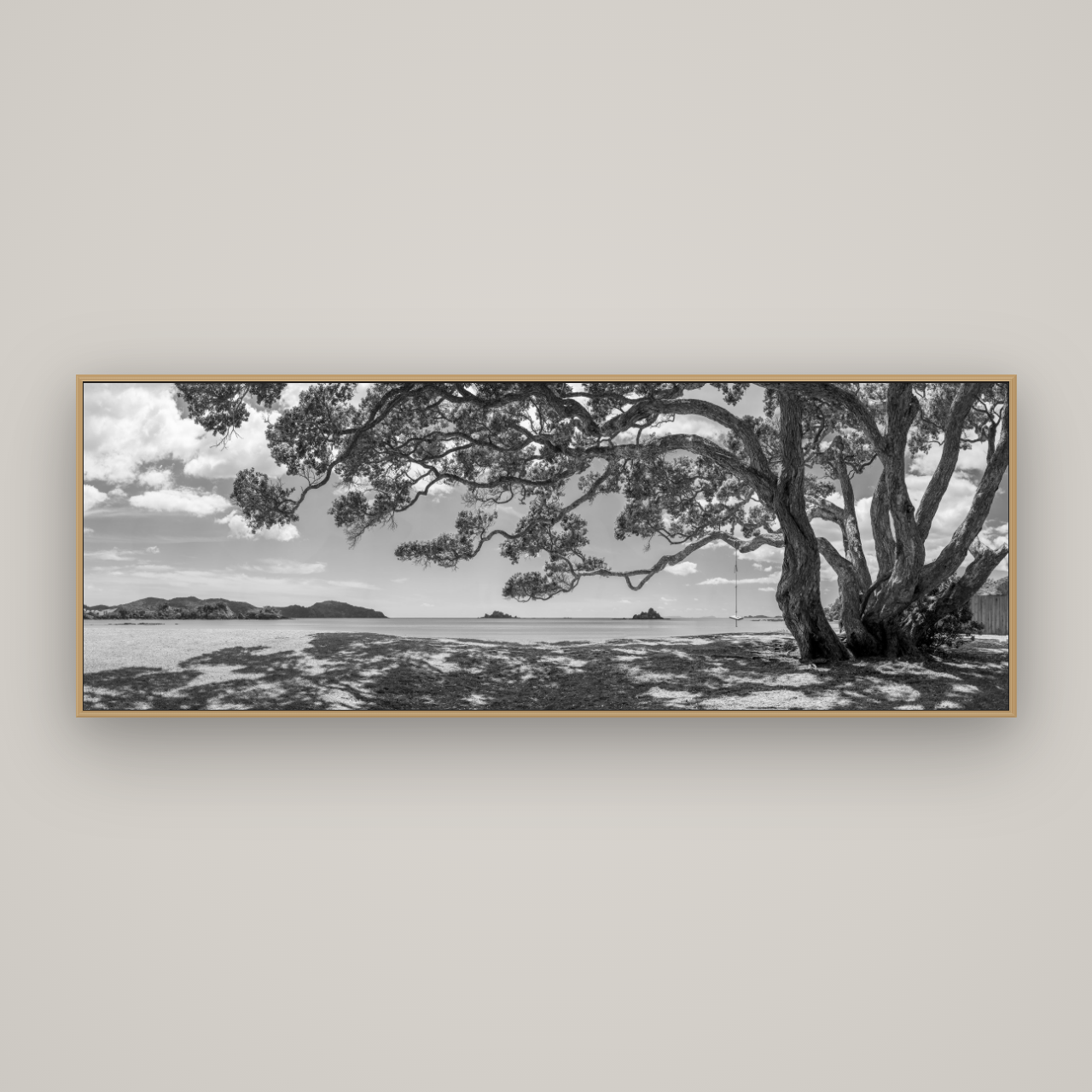 Harbour of Summer Light, Pōhutukawa Bloom, Bay of Islands, Basel Natural Oak, 198×70 cm. New Zealand fine art wall art by Stephen Milner.