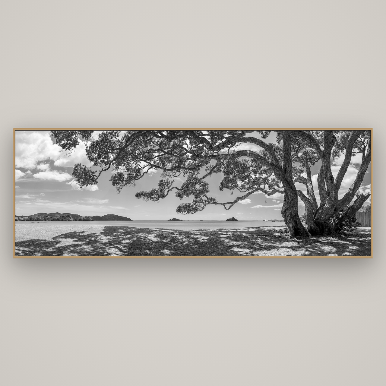 Harbour of Summer Light, Pōhutukawa Bloom, Bay of Islands, Basel Natural Oak, 227×80 cm. New Zealand fine art wall art by Stephen Milner.