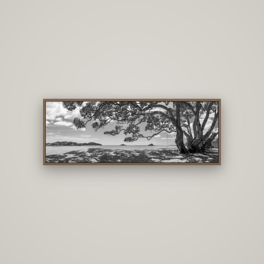 Harbour of Summer Light, Pōhutukawa Bloom, Bay of Islands, Basel Walnut, 113×40 cm. New Zealand fine art wall art by Stephen Milner.