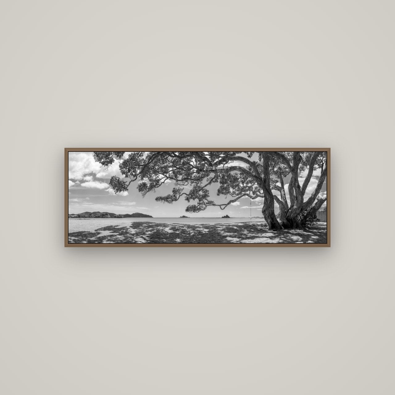 Harbour of Summer Light, Pōhutukawa Bloom, Bay of Islands, Basel Walnut, 113×40 cm. New Zealand fine art wall art by Stephen Milner.