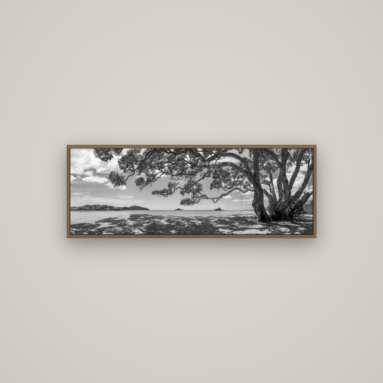 Harbour of Summer Light, Pōhutukawa Bloom, Bay of Islands, Basel Walnut, 113×40 cm. New Zealand fine art wall art by Stephen Milner.
