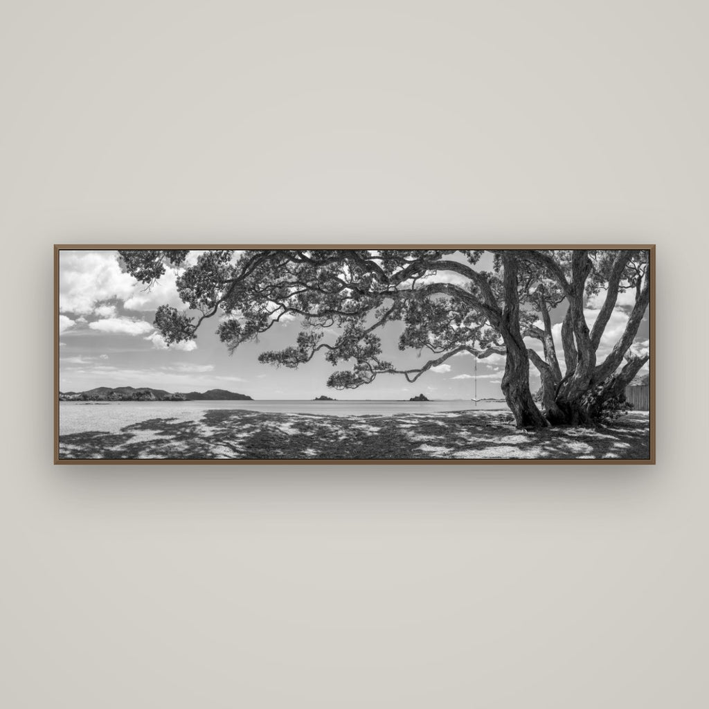 Harbour of Summer Light, Pōhutukawa Bloom, Bay of Islands, Basel Walnut, 170×60 cm. New Zealand fine art wall art by Stephen Milner.