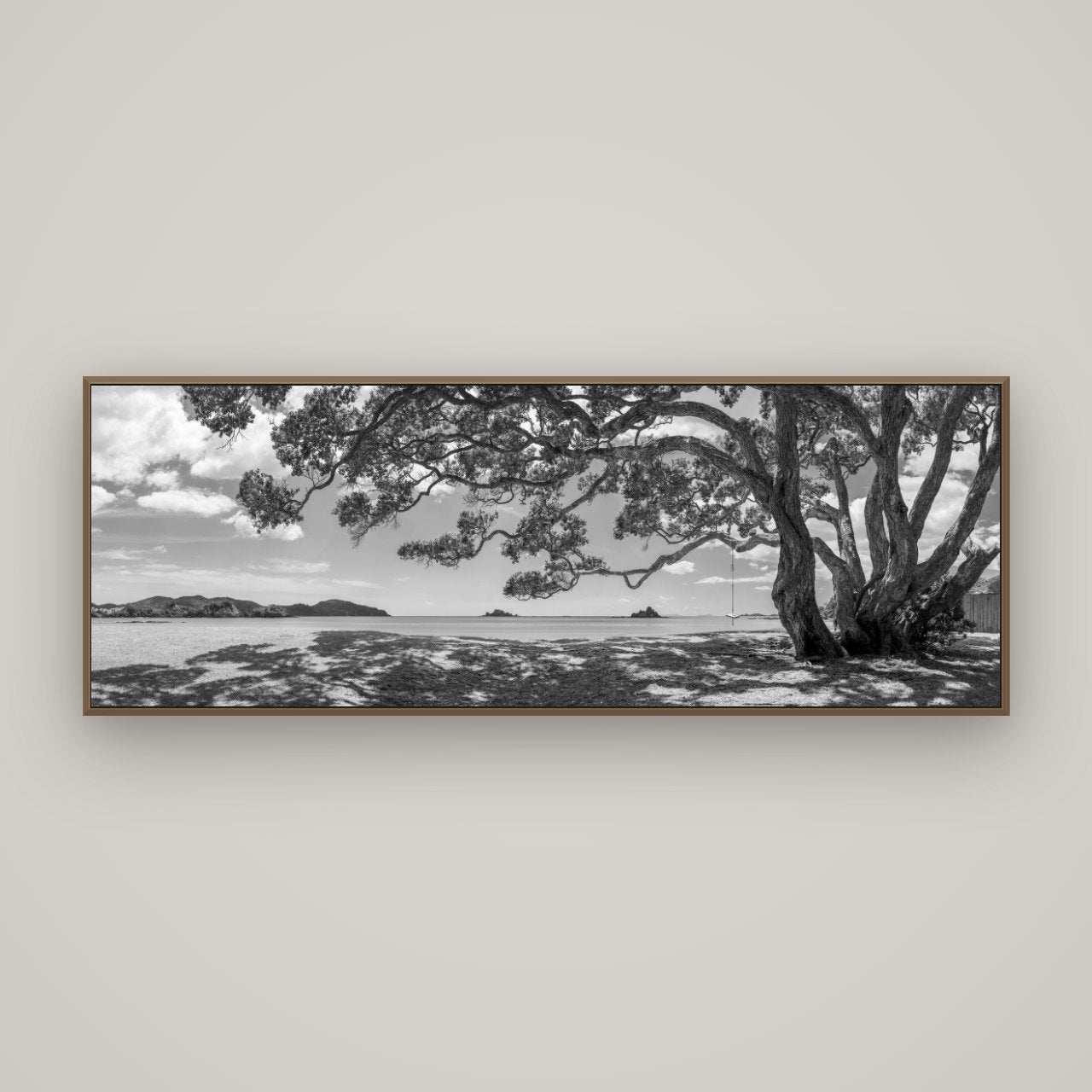 Harbour of Summer Light, Pōhutukawa Bloom, Bay of Islands, Basel Walnut, 170×60 cm. New Zealand fine art wall art by Stephen Milner.