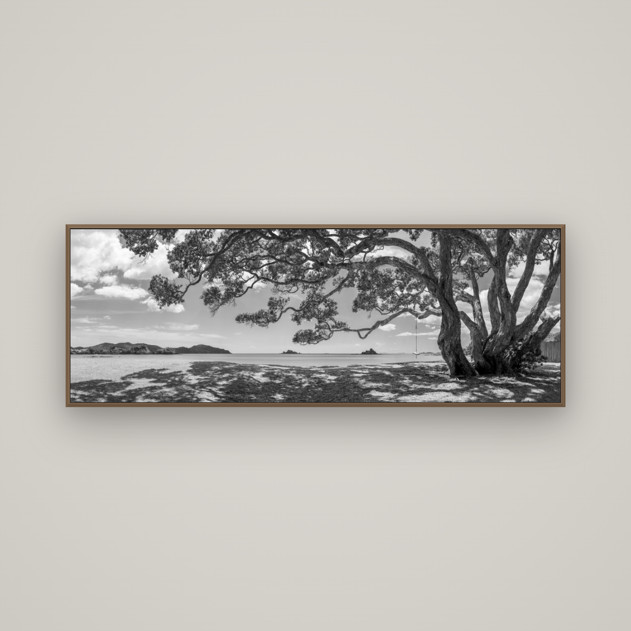 Harbour of Summer Light, Pōhutukawa Bloom, Bay of Islands, Basel Walnut, 170×60 cm. New Zealand fine art wall art by Stephen Milner.