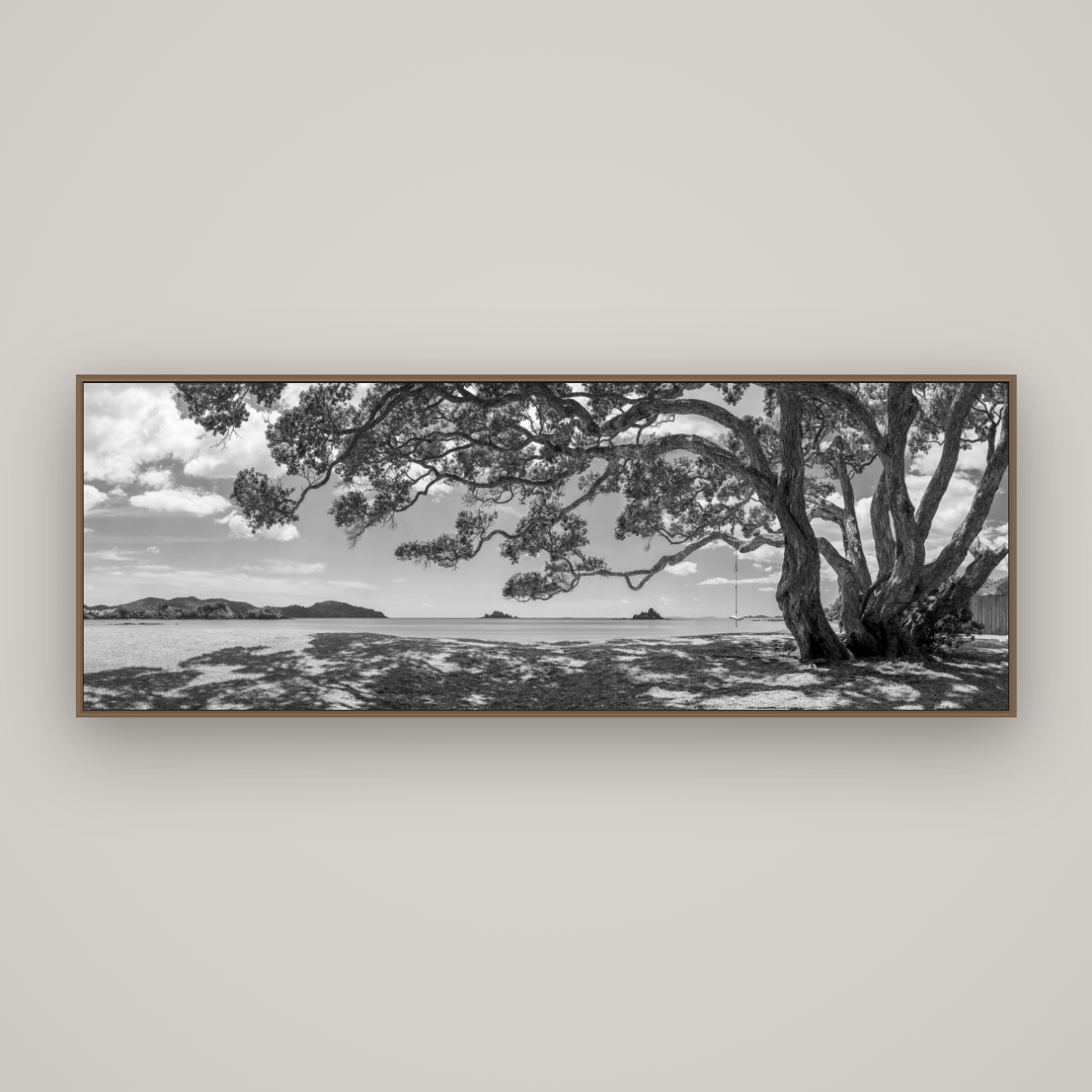 Harbour of Summer Light, Pōhutukawa Bloom, Bay of Islands, Basel Walnut, 198×70 cm. New Zealand fine art wall art by Stephen Milner.