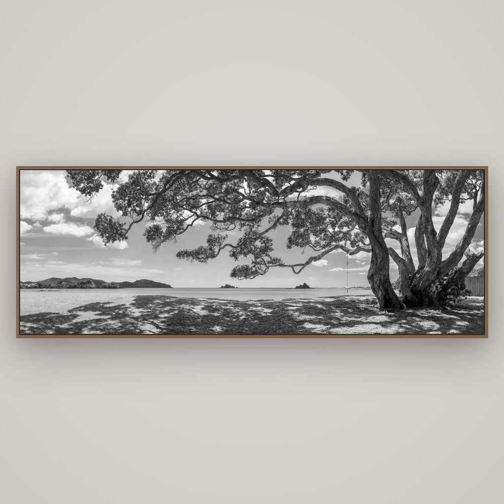 Harbour of Summer Light, Pōhutukawa Bloom, Bay of Islands, Basel Walnut, 198×70 cm. New Zealand fine art wall art by Stephen Milner.