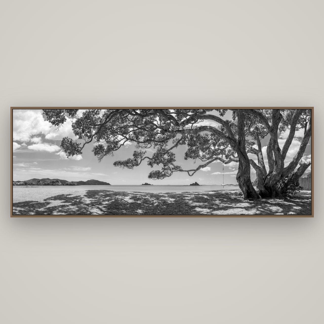 Harbour of Summer Light, Pōhutukawa Bloom, Bay of Islands, Basel Walnut, 198×70 cm. New Zealand fine art wall art by Stephen Milner.