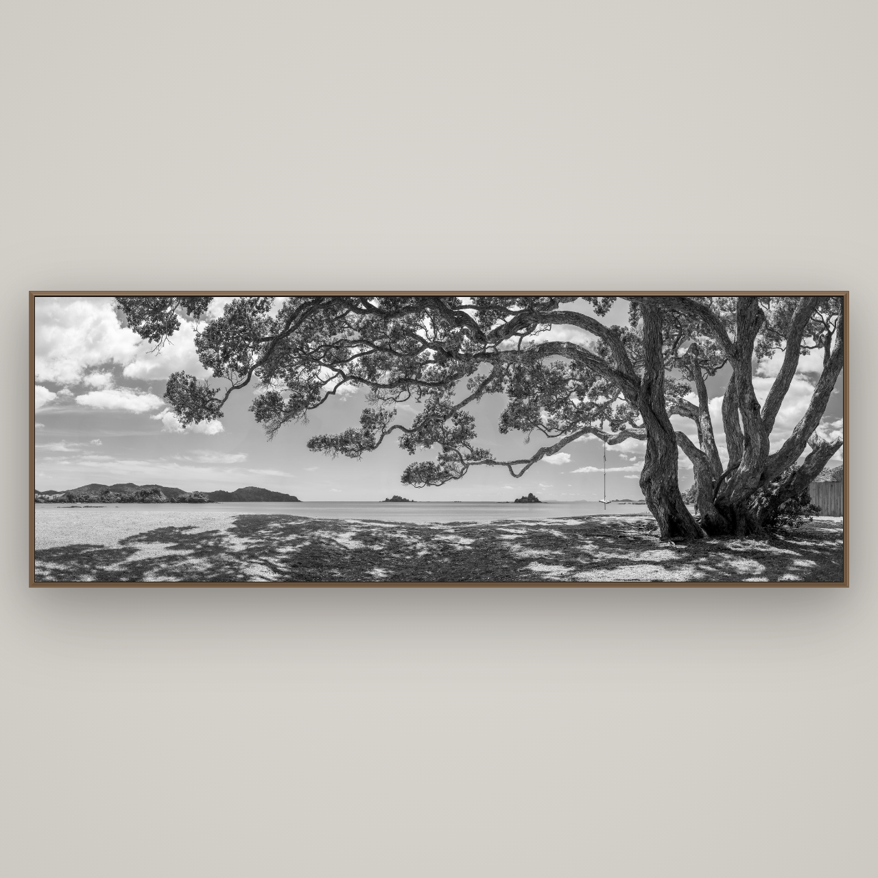Harbour of Summer Light, Pōhutukawa Bloom, Bay of Islands, Basel Walnut, 227×80 cm. New Zealand fine art wall art by Stephen Milner.
