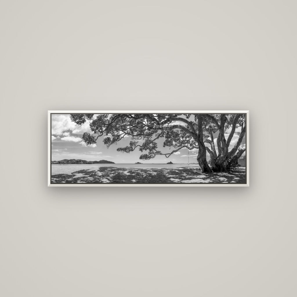 Harbour of Summer Light, Pōhutukawa Bloom, Bay of Islands — Basel White, 113×40 cm. New Zealand fine art wall art by Stephen Milner.