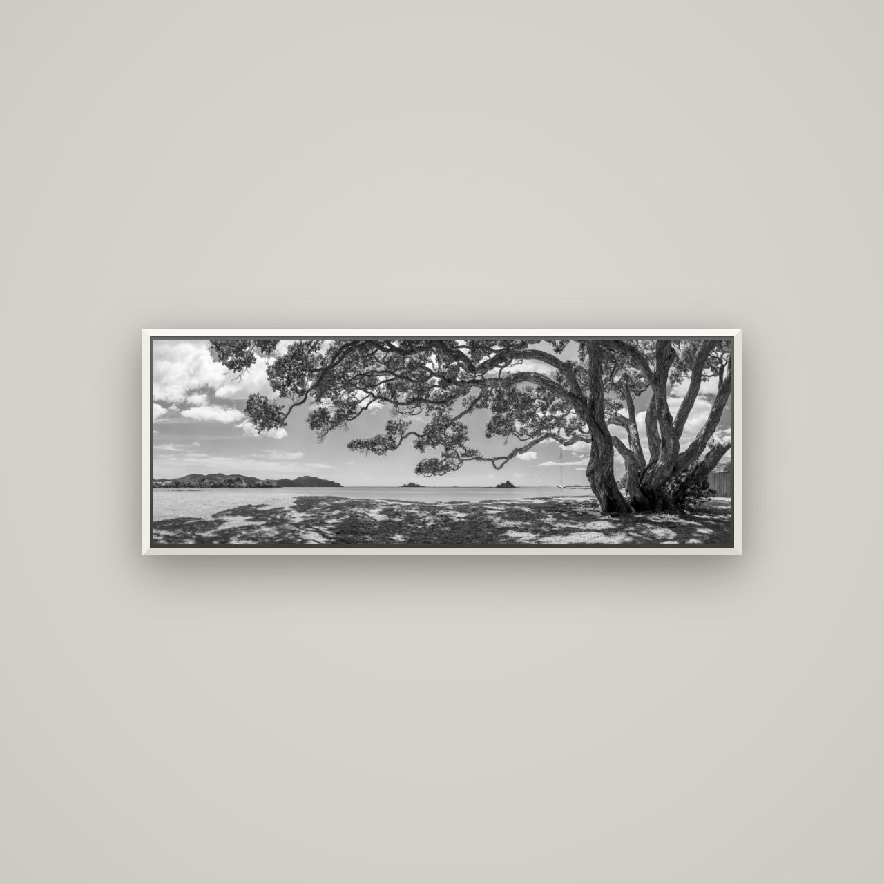 Harbour of Summer Light, Pōhutukawa Bloom, Bay of Islands — Basel White, 113×40 cm. New Zealand fine art wall art by Stephen Milner.