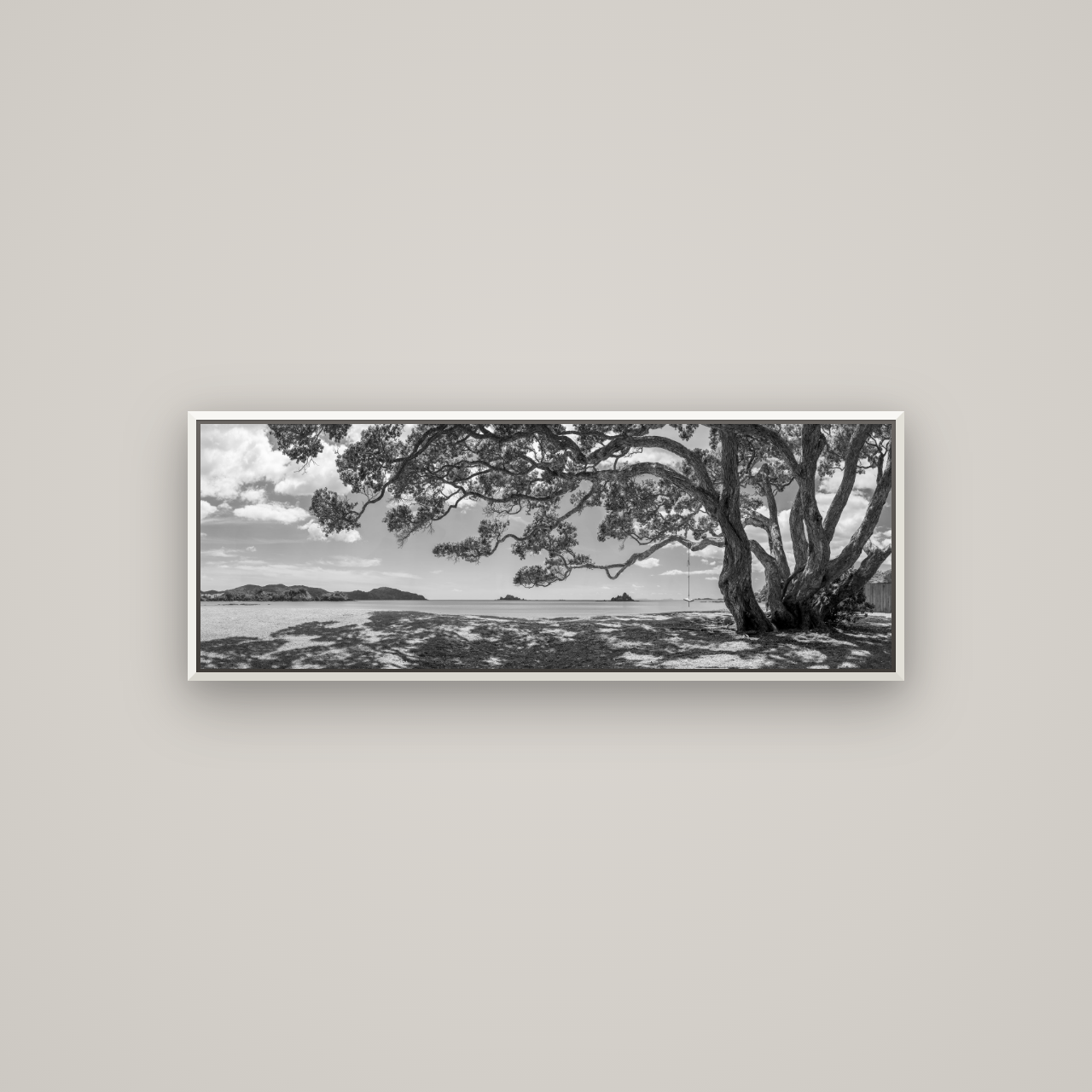 Harbour of Summer Light, Pōhutukawa Bloom, Bay of Islands — Basel White, 113×40 cm. New Zealand fine art wall art by Stephen Milner.