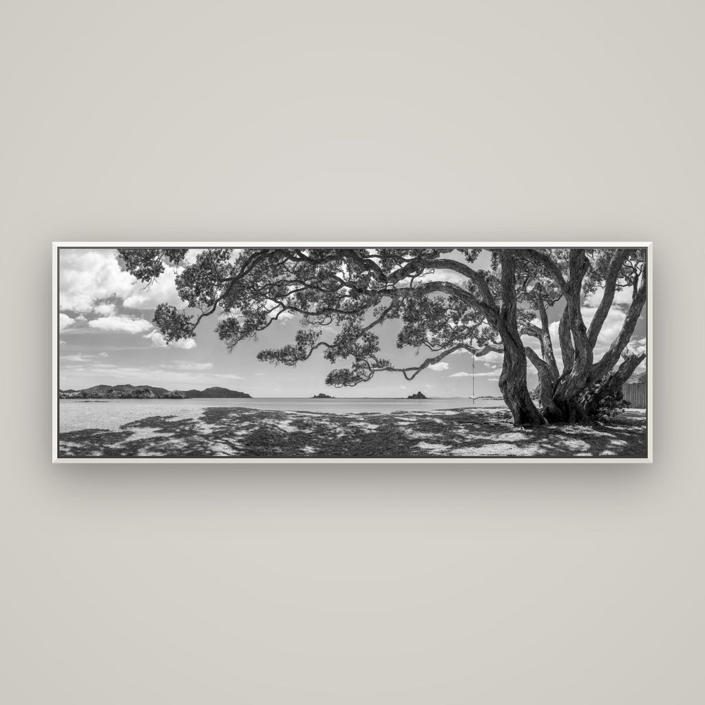 Harbour of Summer Light, Pōhutukawa Bloom, Bay of Islands — Basel White, 170×60 cm. New Zealand fine art wall art by Stephen Milner.